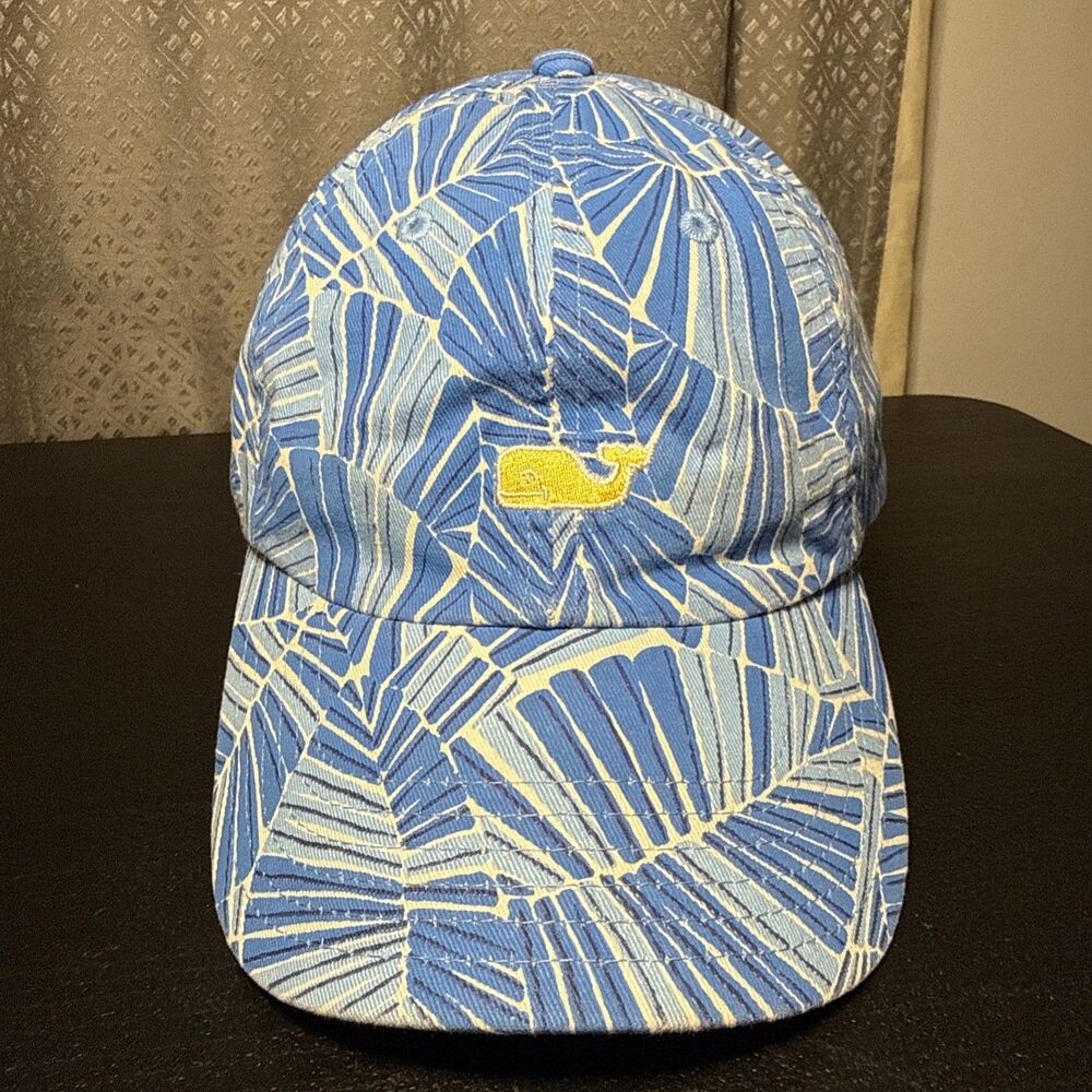 Vineyard Vines Blue Palm Leaf Print Hat Yellow Whale Logo Adjustable Cap Beach